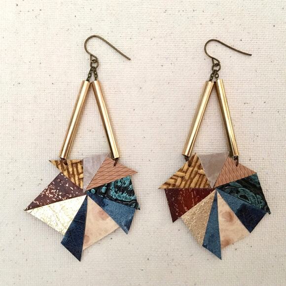 Artisian handmade Mosaic Leather and Brass Statement Earrings - Picture 1 of 10